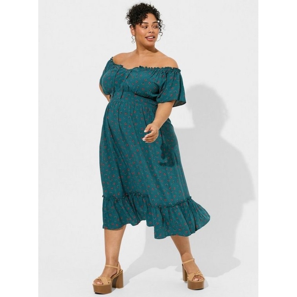 Torrid Challis Off-Shoulder Dress Womens 5X Teal Blue Floral Cottagecore Boho